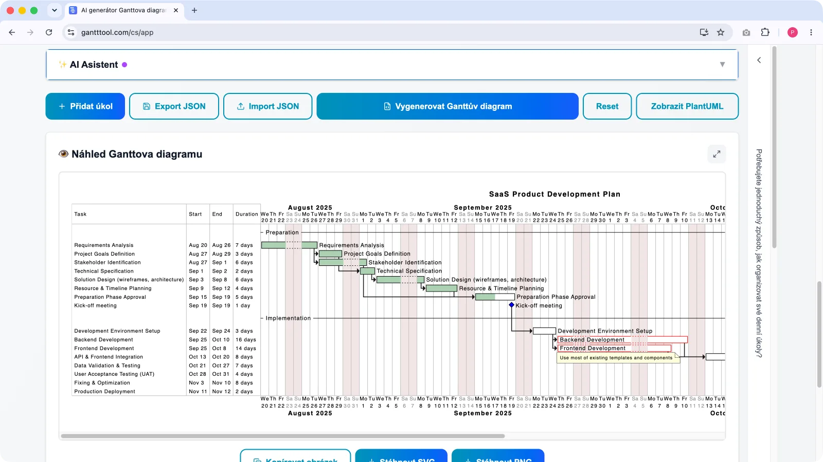 GanttTool aplikace s Ganttovým diagramem